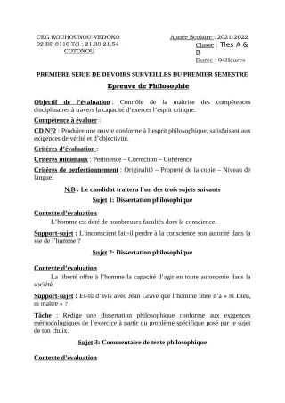 Première page de Philosophie Tle A1, Tle A2, Tle B — 1er devoir surveillé, 1er semestre (2021-2022) · CEG Kouhounou-Vêdoko