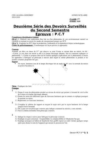 Première page de PCT 5e — 2e devoir surveillé, 2e semestre (2018-2019) · CEG Agassa Godomey