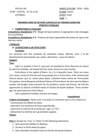 Première page de Anglais 5e — 1er devoir surveillé, 1er semestre (2019-2020) · CEG du Lac