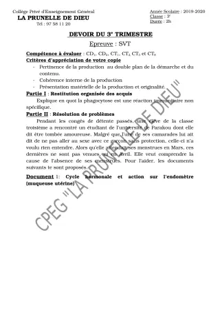Première page de SVT 3e, 3e ML — Devoir surveillé, 3e trimestre (2019-2020) · CEPG La Prunelle de Dieu