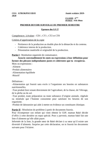Première page de SVT 6e — 1er devoir surveillé, 1er semestre (2019-2020) · CEG ATROKPOCODJI
