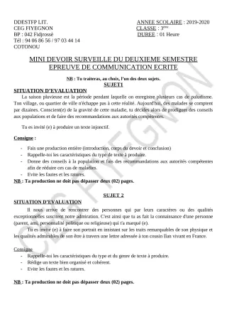 Première page de Français 3e, 3e ML — 1er devoir surveillé, 2e semestre (2019-2020) · CEG FIYEGNON