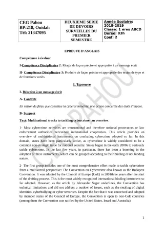 Première page de Anglais 1ère A1, 1ère A2, 1ère B, 1ère C, 1ère D — 2e devoir surveillé, 1er semestre (2018-2019) · CEG PAHOU
