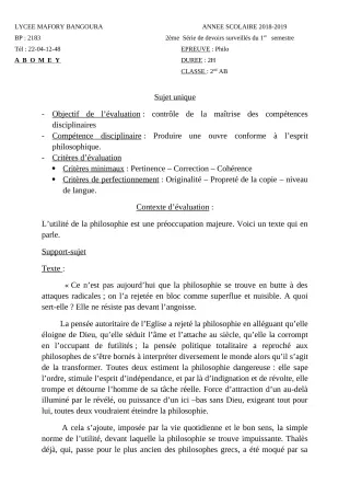 Première page de Philosophie 2nde A & B — 2e devoir surveillé, 1er semestre (2018-2019) · Lycée Houegbadja d'Abomey (Ex Mafory Bangoura)