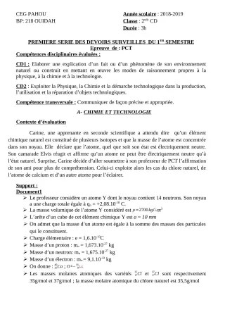Première page de PCT 2nde C, 2nde D — 1er devoir surveillé, 1er semestre (2018-2019) · CEG PAHOU