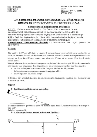 Première page de PCT 3e — 1er devoir surveillé (2018-2019) · CEG HOUEYIHO