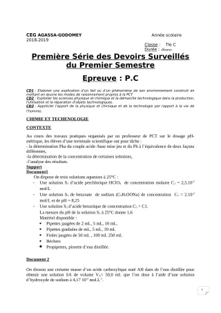 Première page de PCT Tle C — 1er devoir surveillé, 1er semestre (2018-2019) · CEG Agassa Godomey
