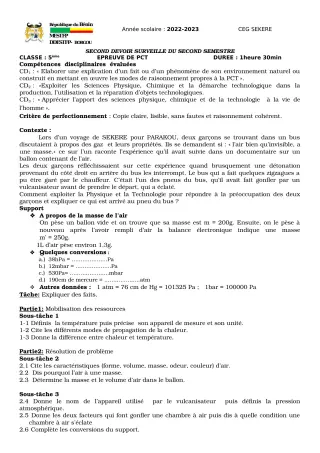 Première page de PCT 5e — 2e devoir surveillé, 2e semestre (2022-2023) · CEG SEKERE