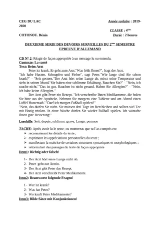 Première page de Allemand 4e ML — 2e devoir surveillé, 2e semestre (2019-2020) · CEG du Lac