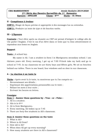 Première page de Anglais 6e — 1er devoir surveillé (2019-2020) · CEG MAREGOUROU