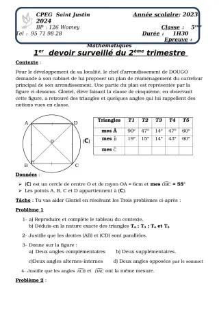 Première page de Mathématiques 5e — Devoir surveillé, 2e trimestre (2023-2024) · CPEG SAINT Justin
