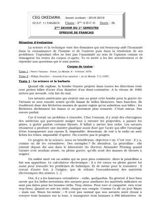 Première page de Français 2nde A1, 2nde A2, 2nde B, 2nde C, 2nde D — 2e devoir surveillé, 1er semestre (2018-2019) · CEG OKEDAMA