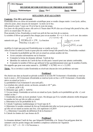 Première page de Mathématiques Tle C — 2e devoir surveillé, 1er semestre (2018-2019) · CEG 1 Djougou