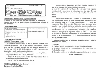 Première page de Histoire-Géographie 3e — 2e devoir surveillé, 1er semestre (2022-2023) · CEG ZONGO