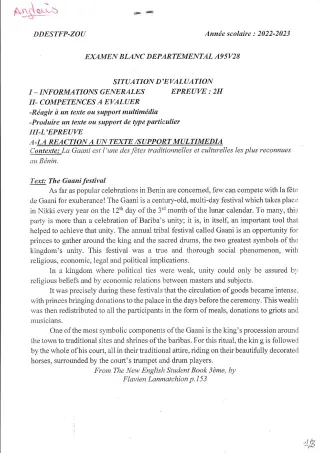 Première page de Examen Blanc de ANGLAIS — 3e — CEG1 Abomey (2022)