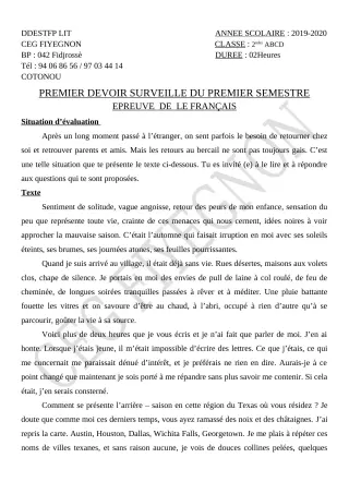 Première page de Français 2nde A2, 2nde B, 2nde C, 2nde D — 1er devoir surveillé, 1er semestre (2019-2020) · CEG FIYEGNON