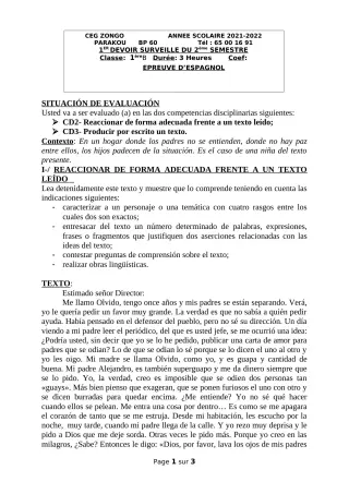 Première page de Espagnol 1ère B — 1er devoir surveillé, 2e semestre (2021-2022) · CEG ZONGO