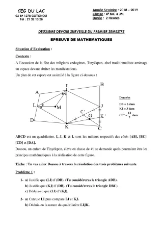 Première page de Mathématiques 6e — 2e devoir surveillé, 1er semestre (2018-2019) · CEG du Lac