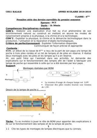 Première page de PCT 6e — 1er devoir surveillé, 1er semestre (2018-2019) · CEG1 Kalalé