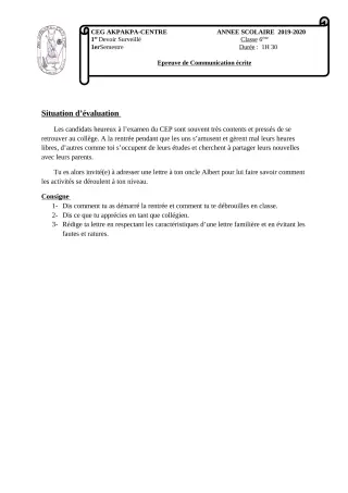 Première page de Français 6e — 1er devoir surveillé (2019-2020) · CEG 1 Akpakpa-Centre