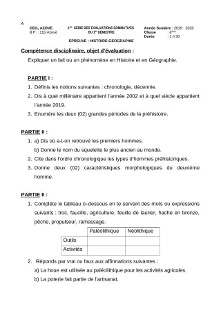 Première page de Histoire-Géographie 6e, 5e, 4e ML, 4e ML&MC, 3e, 3e ML, 2nde A, 2nde A2, 2nde C, 2nde D, 1ère A, 1ère A1, 1ère A2, 1ère B, 1ère C, 1ère D, Tle A1, Tle A2, Tle B, Tle C, Tle D — 1re évaluation sommativ