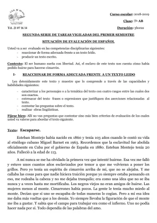 Première page de Espagnol Tle A1, Tle A2, Tle B — 2018-2019 · CEG Sô-Ava