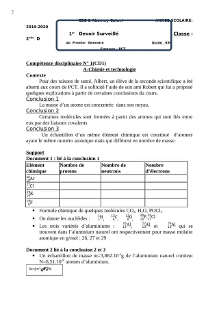 Première page de PCT 2nde D — 1er devoir surveillé, 1er semestre (2018-2019) · CEG2 ABOMEY - CALAVI (CEG ZOCA)
