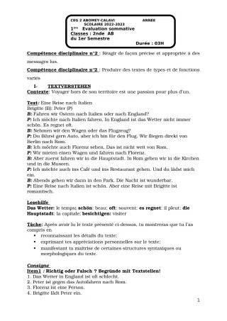 Première page de Allemand 2nde A & B — 1re évaluation sommative, 1er semestre (2022-2023) · CEG2 ABOMEY - CALAVI (CEG ZOCA)