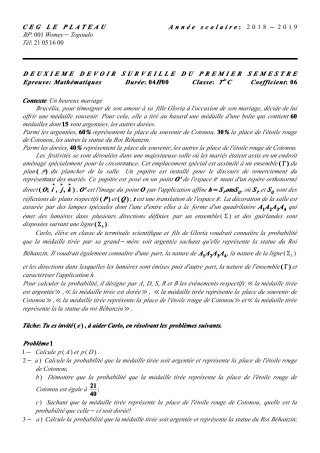 Première page de Mathématiques Tle C — 2e devoir surveillé, 1er semestre (2018-2019) · CEG Le Plateau
