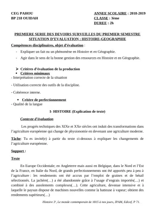 Première page de Histoire-Géographie 3e, 3e ML — 1er devoir surveillé, 1er semestre (2018-2019) · CEG PAHOU