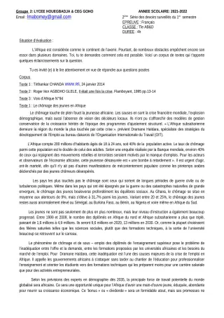 Première page de Français 2nde A & B, 2nde D, 1ère A & B, Tle A & B, Tle B, Tle D — 2e devoir surveillé, 1er semestre (2021-2022) · Lycée Houegbadja d'Abomey (Ex Mafory Bangoura)
