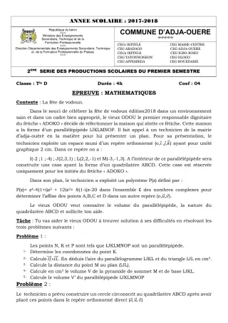 Première page de Mathématiques Tle D — 2e production scolaire, 1er semestre (2017-2018) · CEG1 Ikpinlè