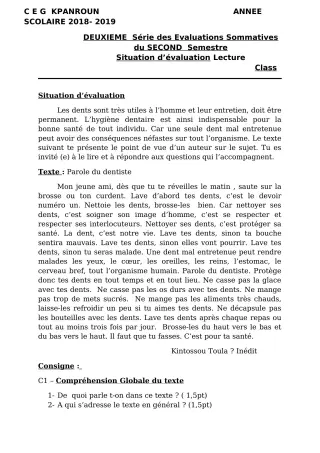 Première page de Français 6e — 2e évaluation sommative, 2e semestre (2018-2019) · CEG Kpanroun