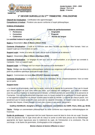 Première page de Philosophie Tle A, Tle B — 1er devoir surveillé, 2e trimestre (2019-2020) · CPEG LE PHARAON