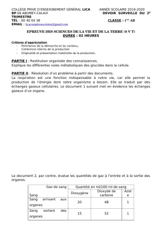 Première page de SVT 1ère A2, 1ère B — Devoir surveillé, 1er trimestre (2019-2020) · CPEG LICA