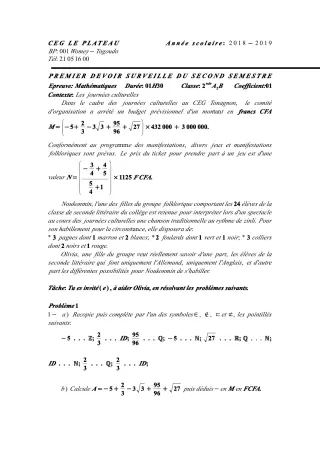 Première page de Mathématiques 2nde A & B — 1er devoir surveillé, 2e semestre (2018-2019) · CEG Le Plateau