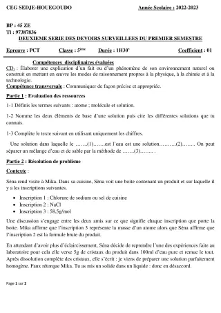 Première page de PCT 4e — 2e devoir surveillé, 1er semestre (2022-2023) · CEG Sèdjè-Houègoudo