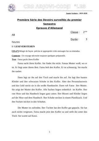 Première page de Allemand 2nde B — 1er devoir surveillé, 1er semestre (2019-2020) · CEG ADJOVICODJI 'LES OLIVIERS'