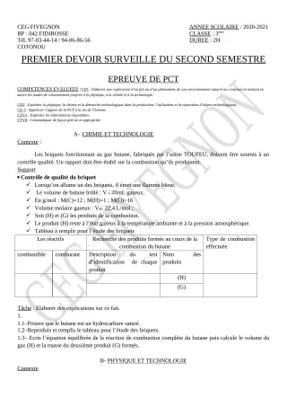 Première page de Mathématiques 3e — 1er devoir surveillé, 2e semestre (2020-2021) · CEG FIYEGNON