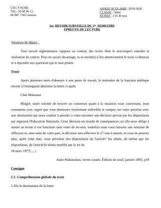Première page de Français 5e — 1er devoir surveillé, 1er semestre (2019-2020) · CEG Yagbe