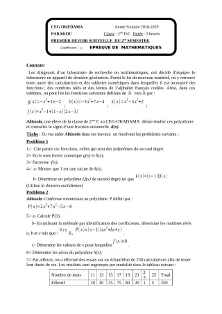 Première page de Mathématiques 2nde C, 2nde D — 1er devoir surveillé, 2e semestre (2018-2019) · CEG OKEDAMA
