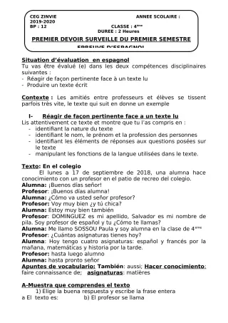 Première page de Espagnol 4e, 3e, 2nde A, 2nde A2, 2nde B, 1ère A, Tle A1, Tle A2 — 1er devoir surveillé, 1er semestre (2019-2020) · CEG Zinvié