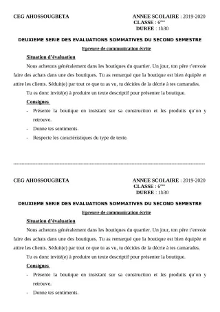 Première page de Français 6e — 2e évaluation sommative, 2e semestre (2019-2020) · CEG Ahossougbéta