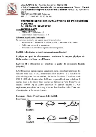 Première page de SVT Tle A2, Tle B — Production scolaire, 1er semestre (2020-2021) · CEG Sainte Rita