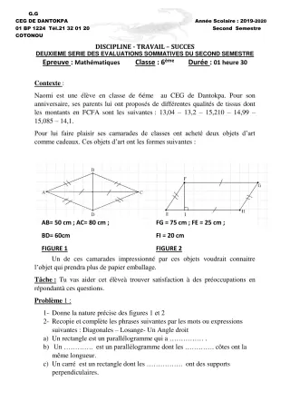 Première page de Mathématiques 6e, 5e, 4e ML&MC, 3e, 3e ML, 2nde A, 2nde B, 2nde D, 1ère A, 1ère B, 1ère C, 1ère D, Tle A1, Tle A2, Tle B, Tle C, Tle D — 2e évaluation sommative, 2e semestre (2019-2020) · CEG Dantokpa