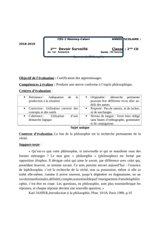 Première page de Philosophie 2nde C, 2nde D — 2e devoir surveillé, 1er semestre (2018-2019) · CEG2 ABOMEY - CALAVI (CEG ZOCA)