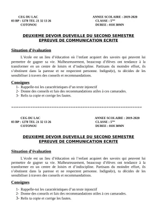 Première page de Français 5e — 2e devoir surveillé, 2e semestre (2019-2020) · CEG du Lac