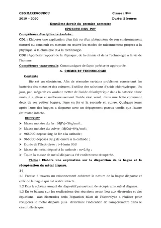 Première page de PCT 3e — 2e devoir surveillé, 1er semestre (2019-2020) · CEG MAREGOUROU