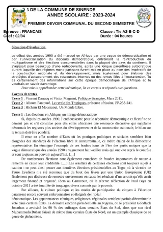 Première page de Français Tle A2, Tle D — 1er devoir surveillé, 2e semestre (2023-2024) · CEG SEKERE