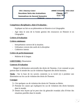 Première page de Histoire-Géographie 4e — 2e évaluation sommative, 2e semestre (2022-2023) · CEG2 ABOMEY - CALAVI (CEG ZOCA)